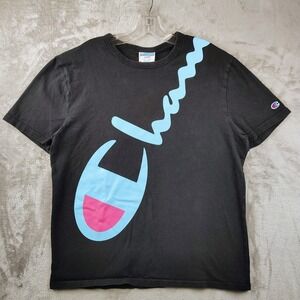 Y2K Champion Mens Wraparound Spellout TShirt Size Large Black Aqua Pink Logo